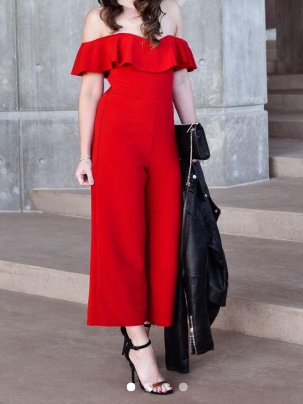 H&M Red Midi jumpsuit with Ruffle off shoulder Neckline and boning